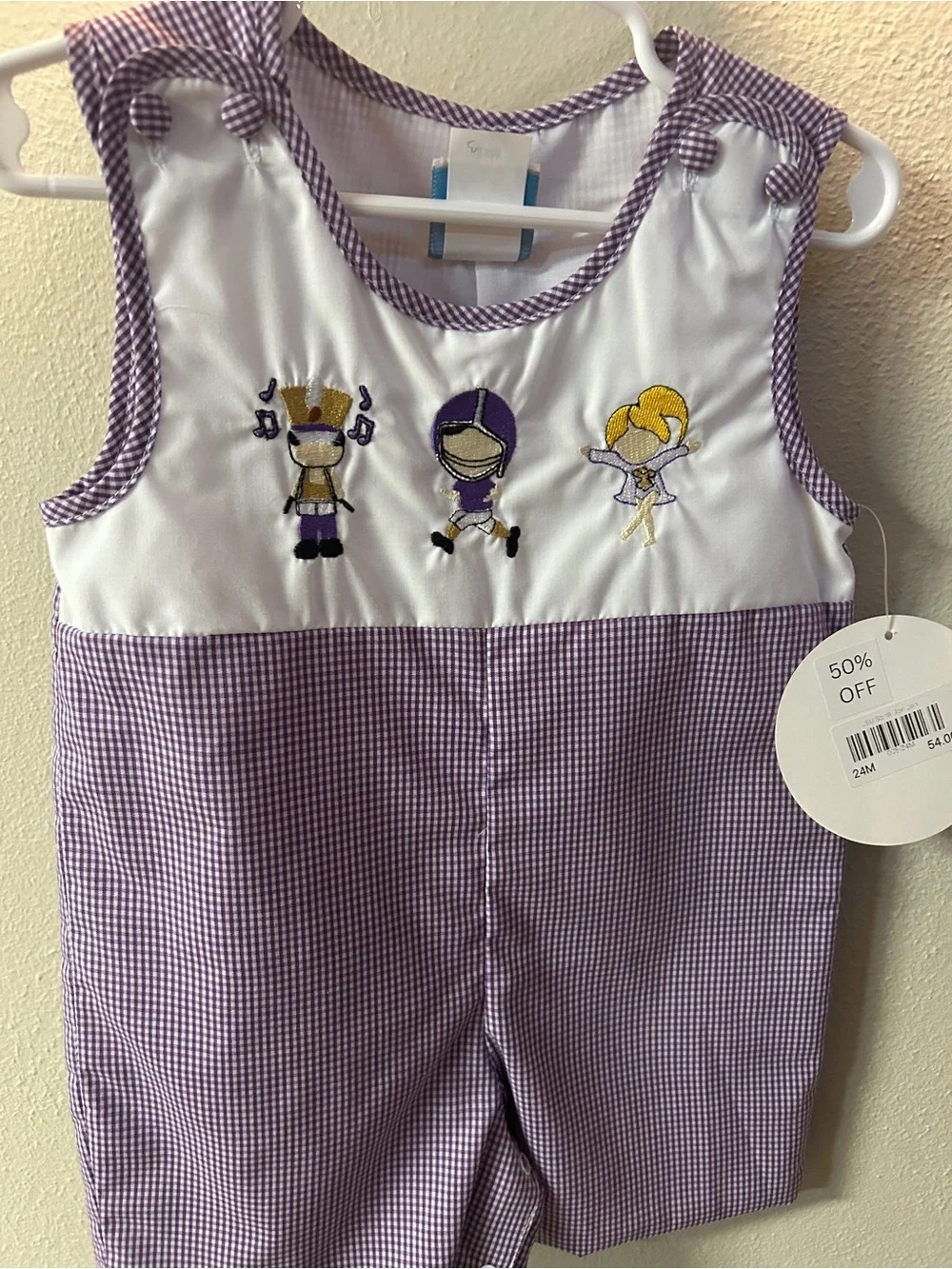 Purple toddler gingham sleeveless football jumper with appliqué design